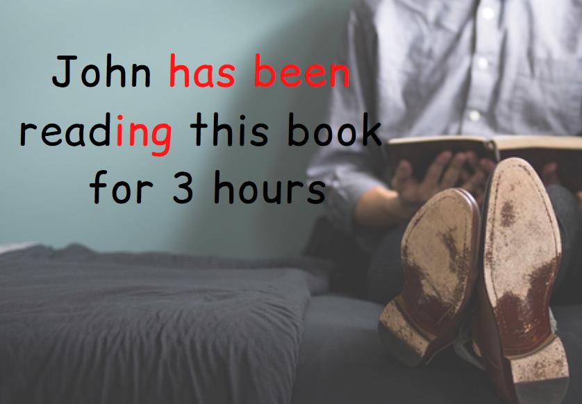 Man reading a book, text John has been reading for three hours