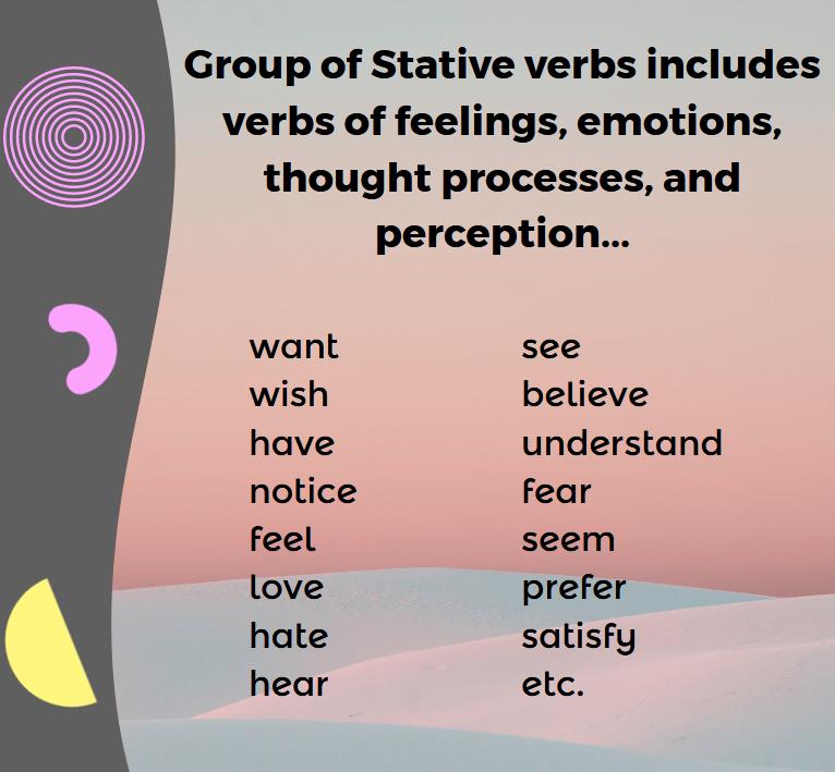Infographic shows examples of stative verbs, want, wish, have, prefer, etc.