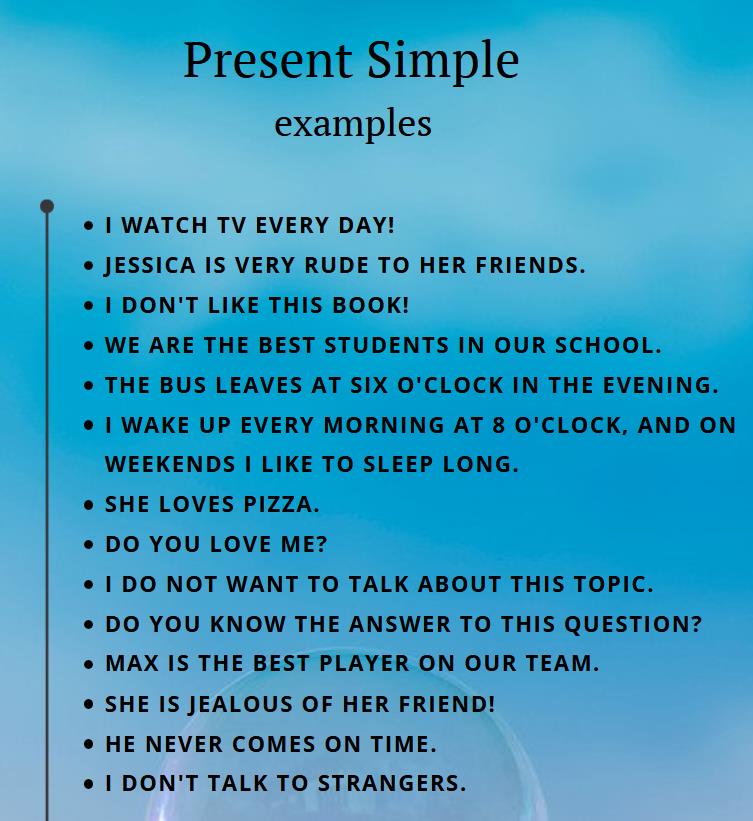 Infographic of examples of sentences in Present Simple, many different sentences on a blue background