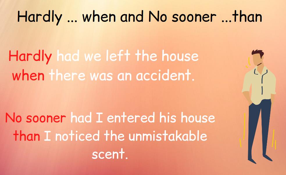Infographic shows usage of hardly when and no sooner than. 