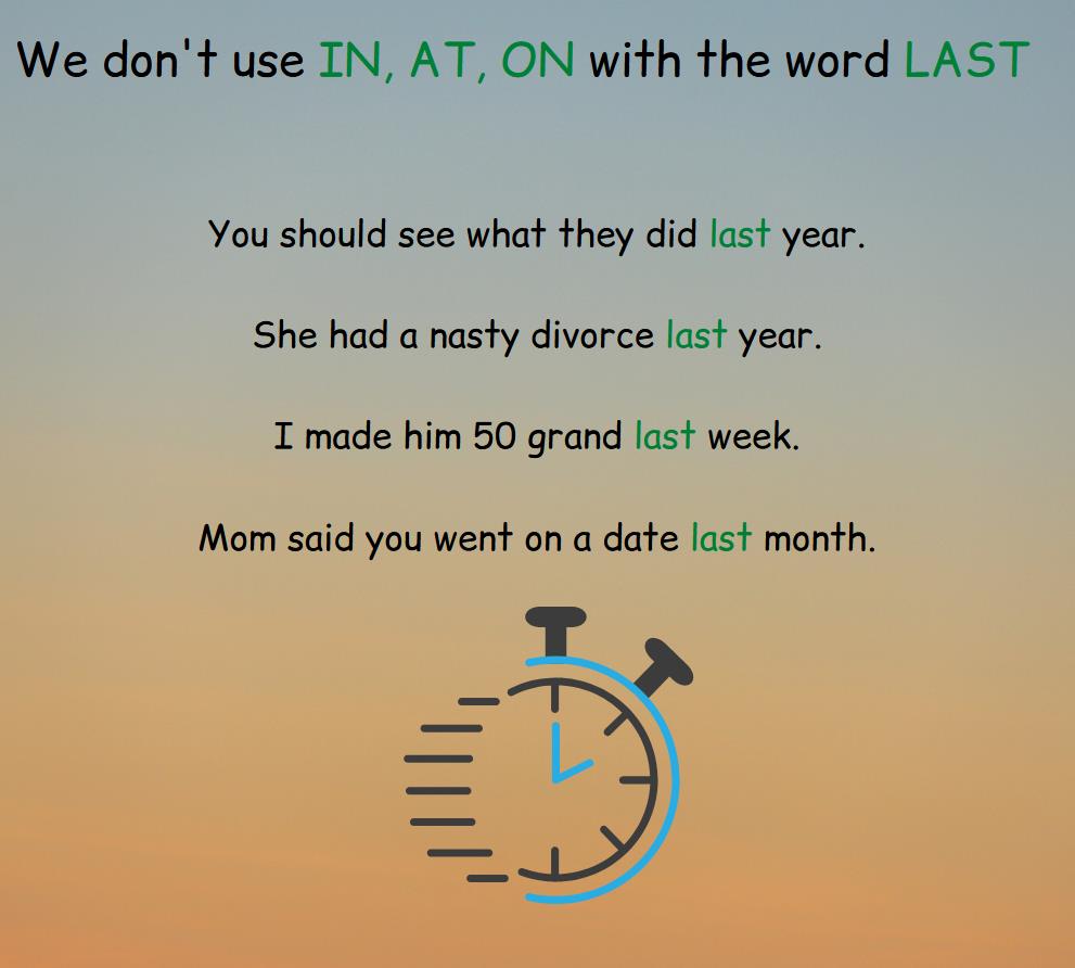 The rule that we do not use the prepositions in, at, on with the word last, examples.