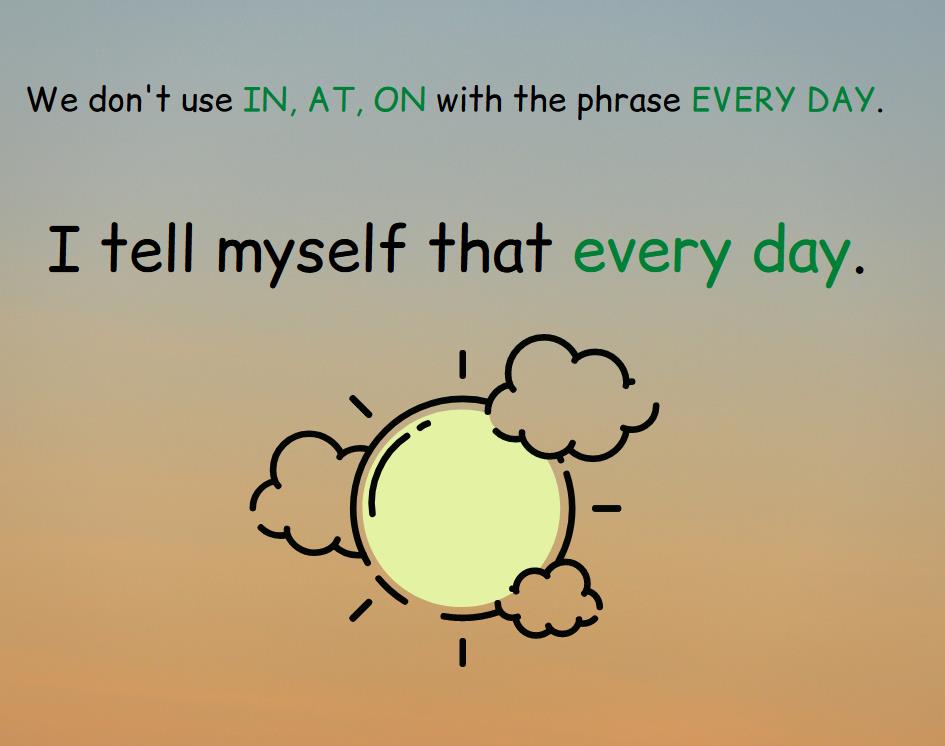 The rule that we do not use the prepositions in, at, on with the phrase every day.