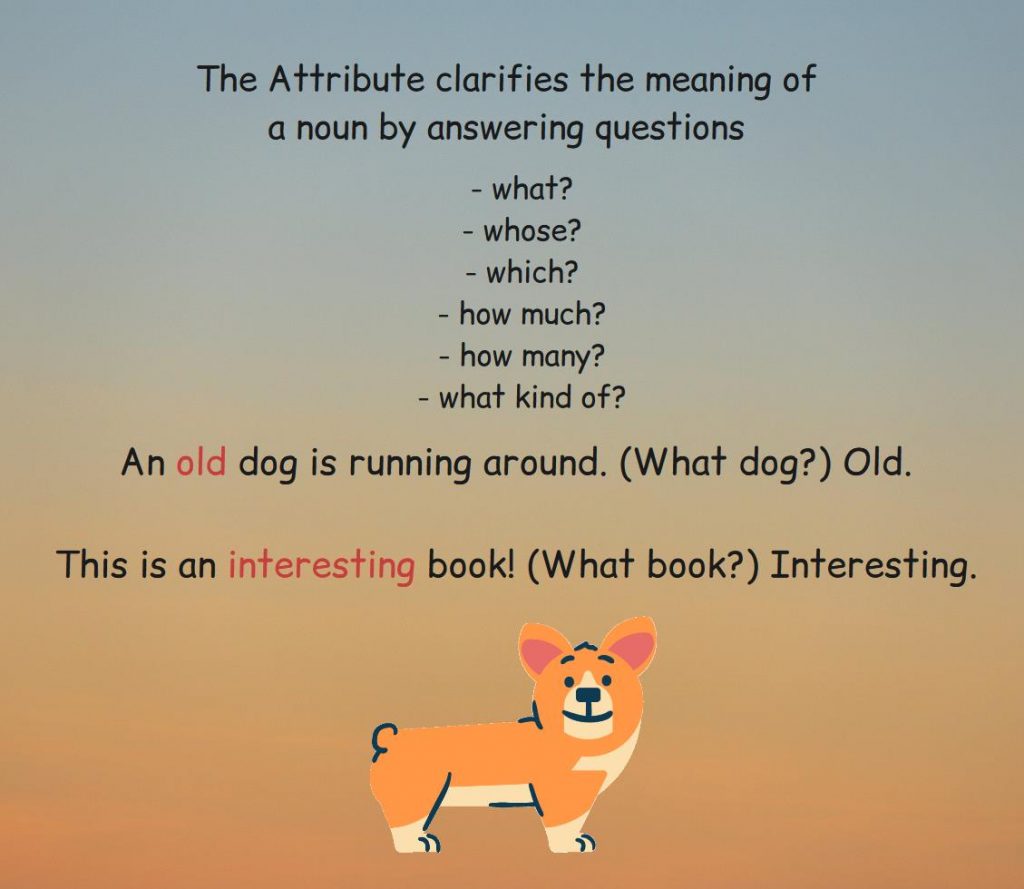 Explanation and examples what is the attribute in an English sentence.