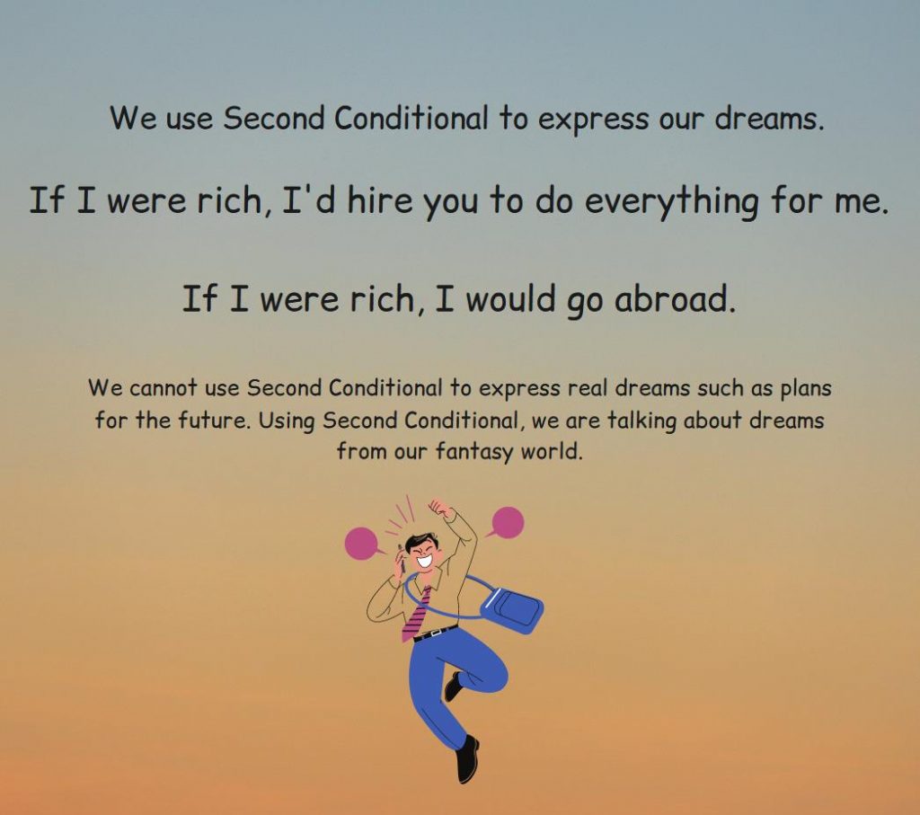 Explanation of how to use the second conditional to express our dreams, examples.