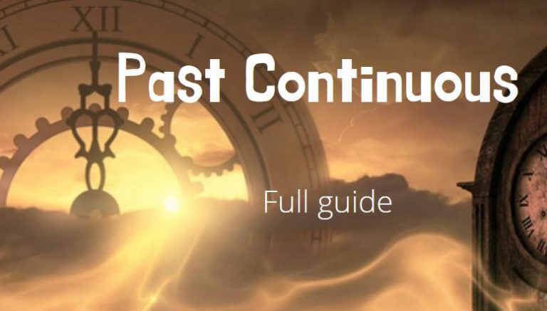 The mechanism of an antique clock wrapped in a magic mist, text Past Continuous Full Guide.