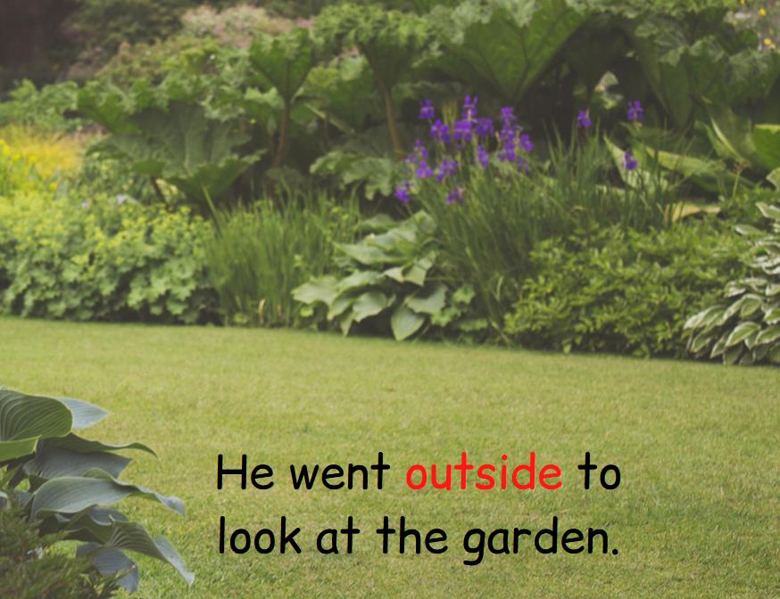 An example of a sentence with the adverb outside, green lawn and bushes with flowers.