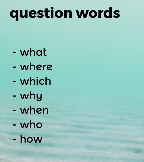 Little infographic shows examples of question words, what, where, which, why, when, who, how
