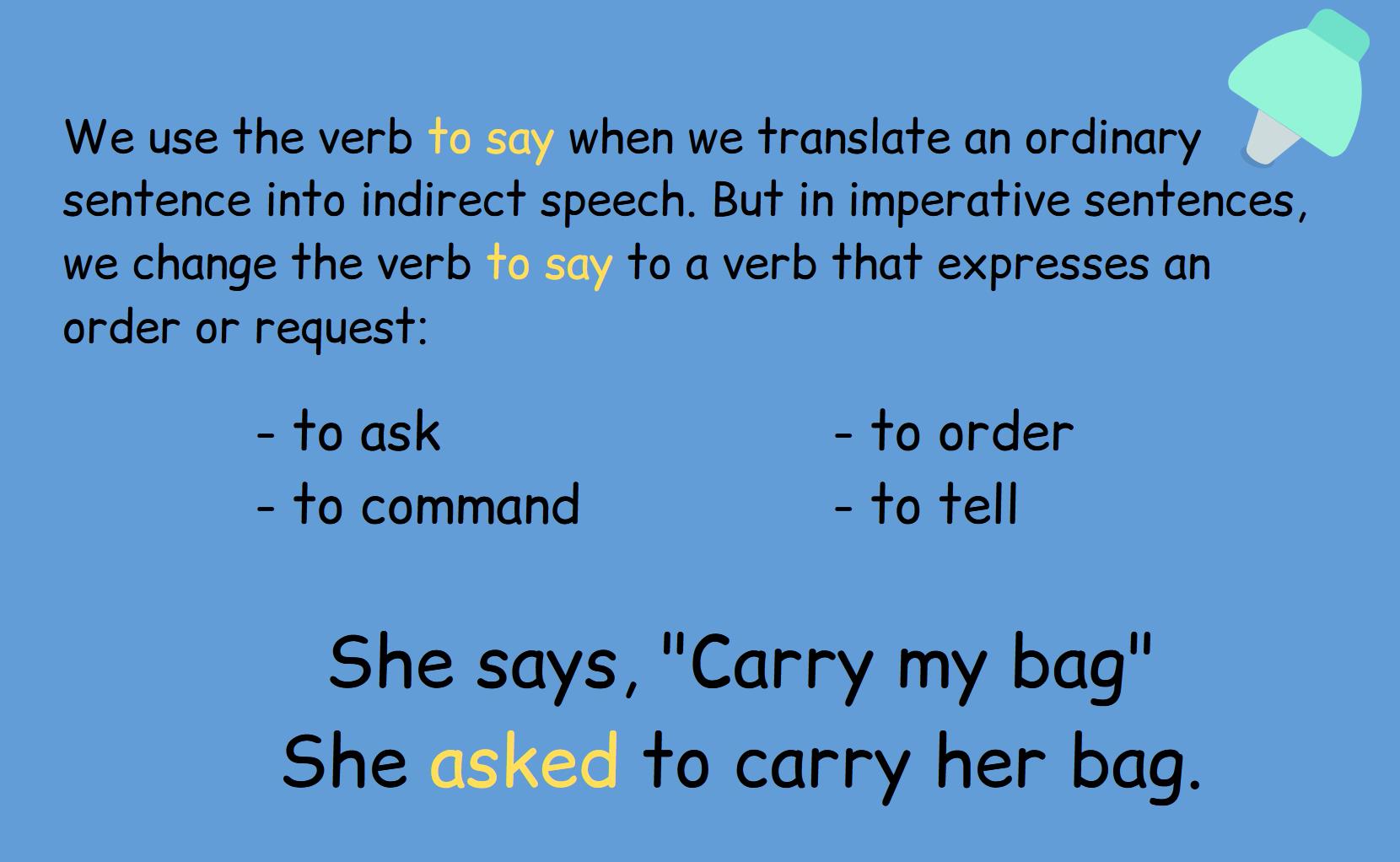 Imperative sentences reported Speech. Indirect sentence. Change the sentences to indirect speech
