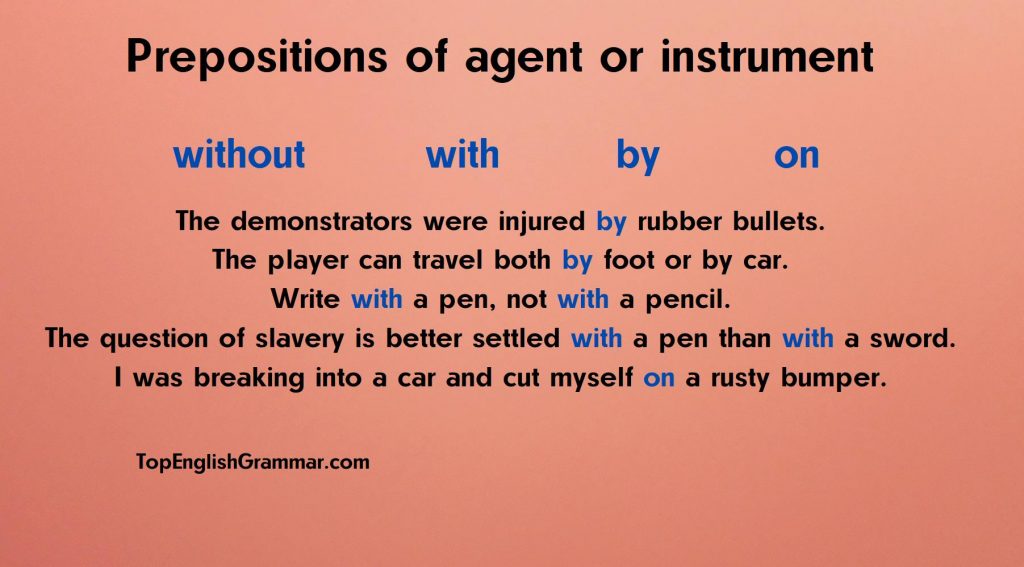 Rule and examples of prepositions of agent or instrument