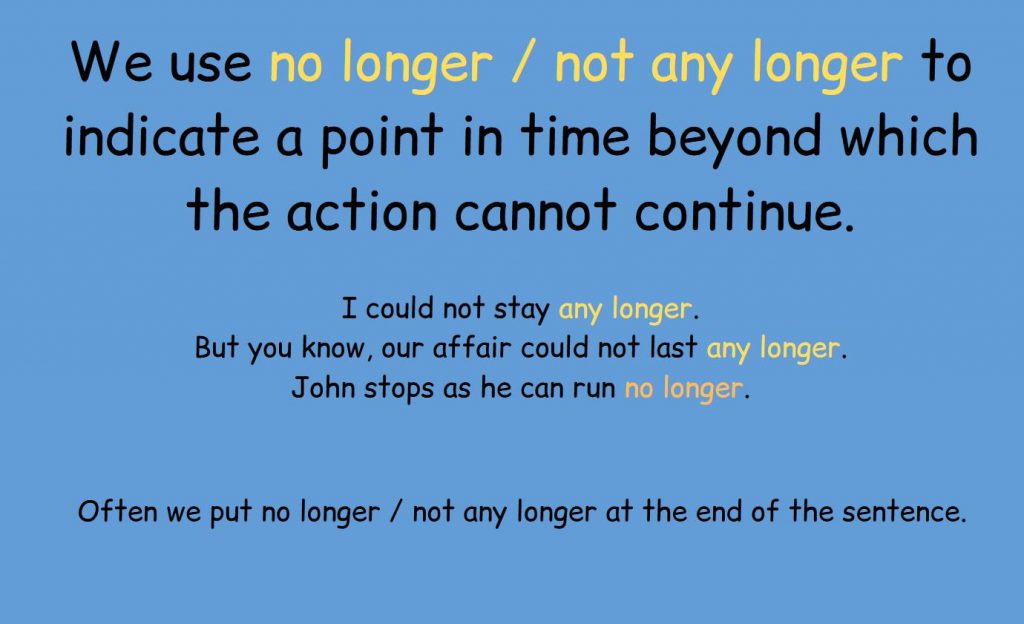 The rule and examples of using the phrase no longer and not any longer.