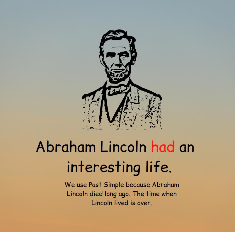 An example of the use of Past Simple and the rule that explains this example, a drawing of Abraham Lincoln.