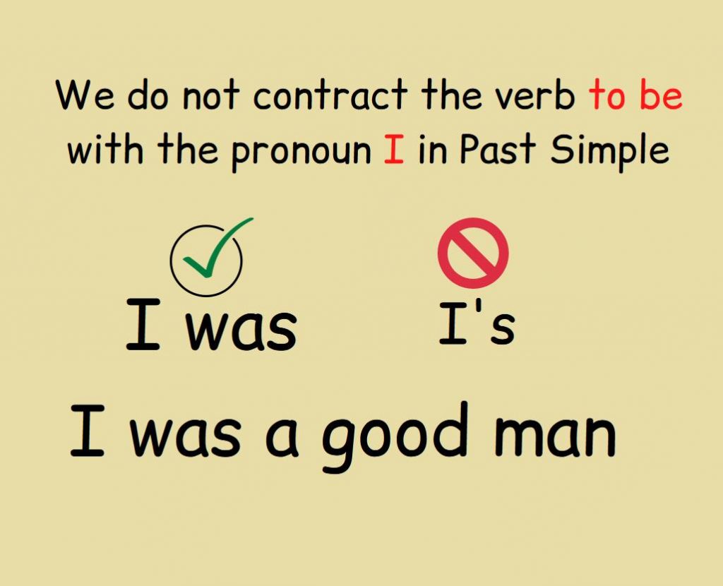 A rule explains that we do not abbreviate the verb to be with the pronoun I in Past Simple.