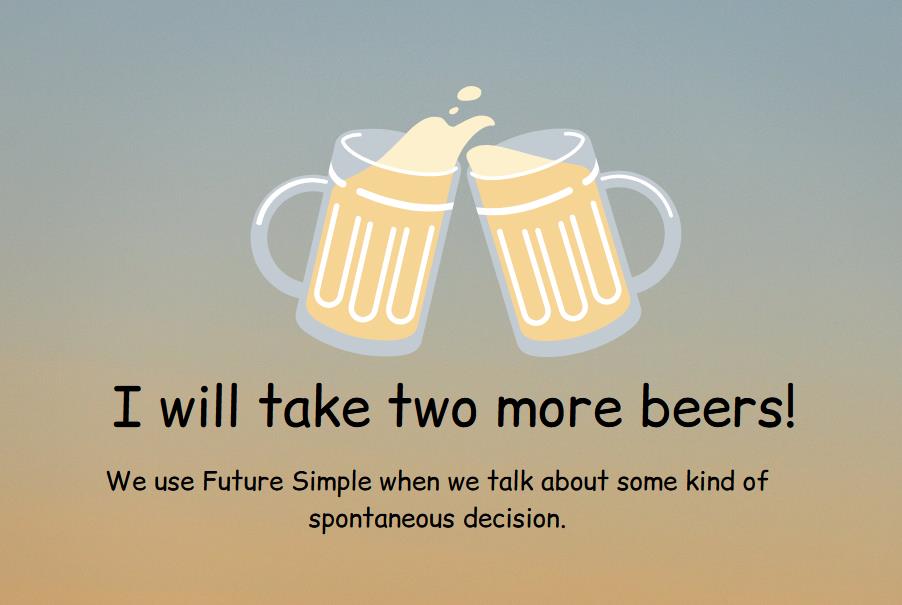 Example and rule when we use Future Simple, two drawn mugs of beer.