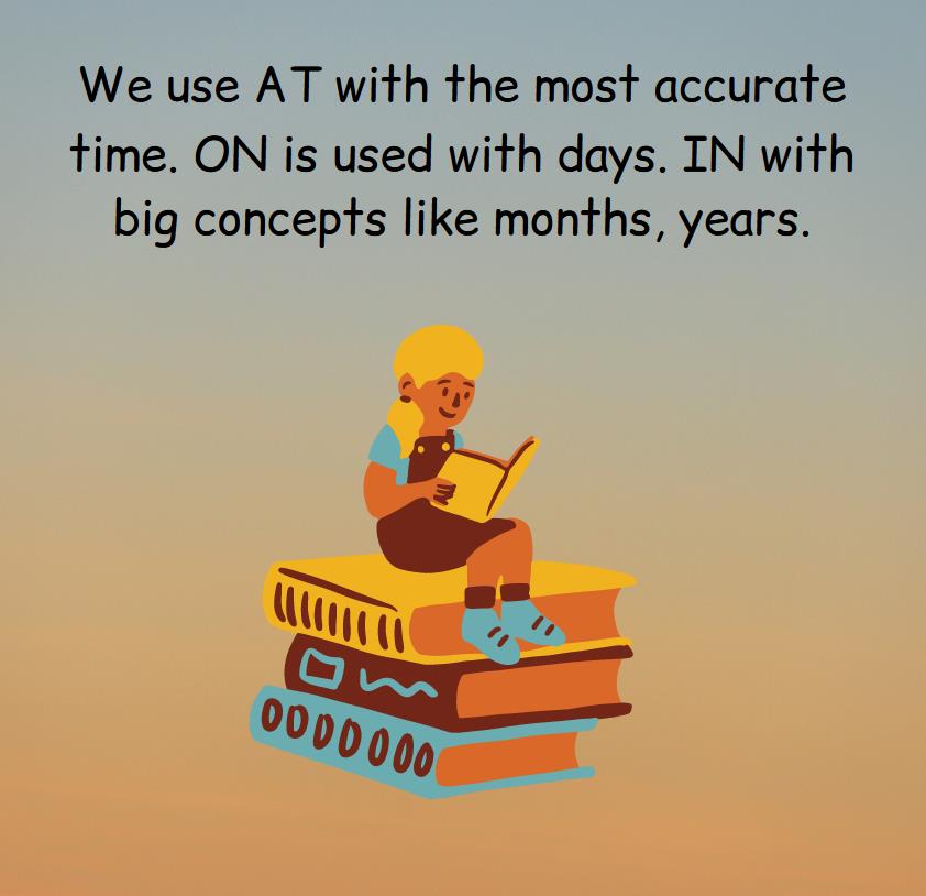 The general rule of using the prepositions at, in, on with different words,  a drawn girl is sitting on a pile of books, with a book in her hands.