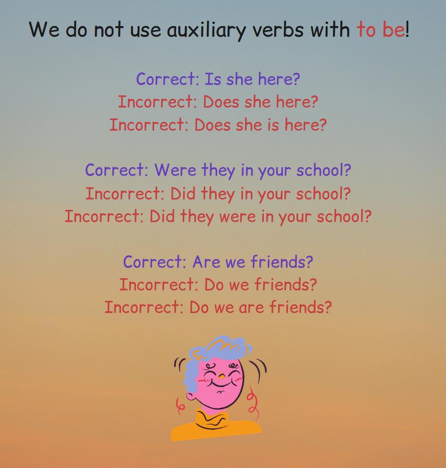 The rule and correct and incorrect examples of usage of the verb to be and auxiliary verbs. 