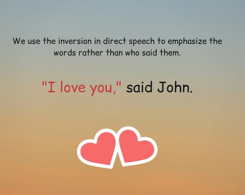 Why we use inversion in direct speech, examples.