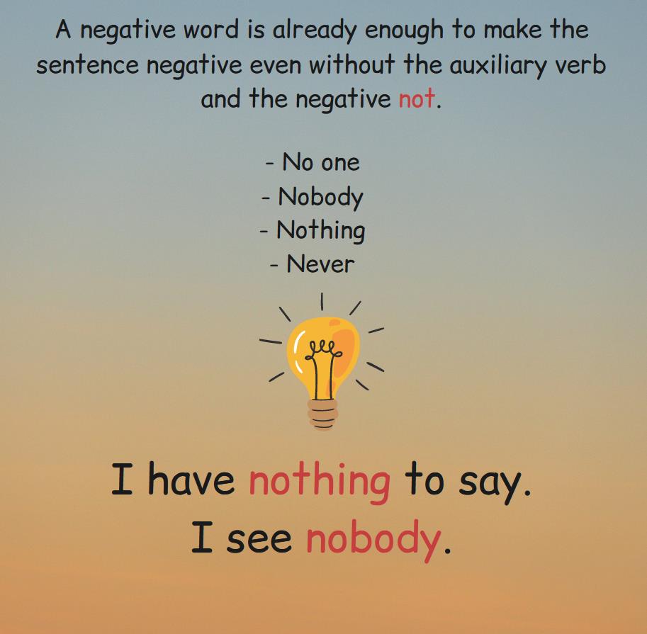 The rule about negative words in negative sentences, examples.